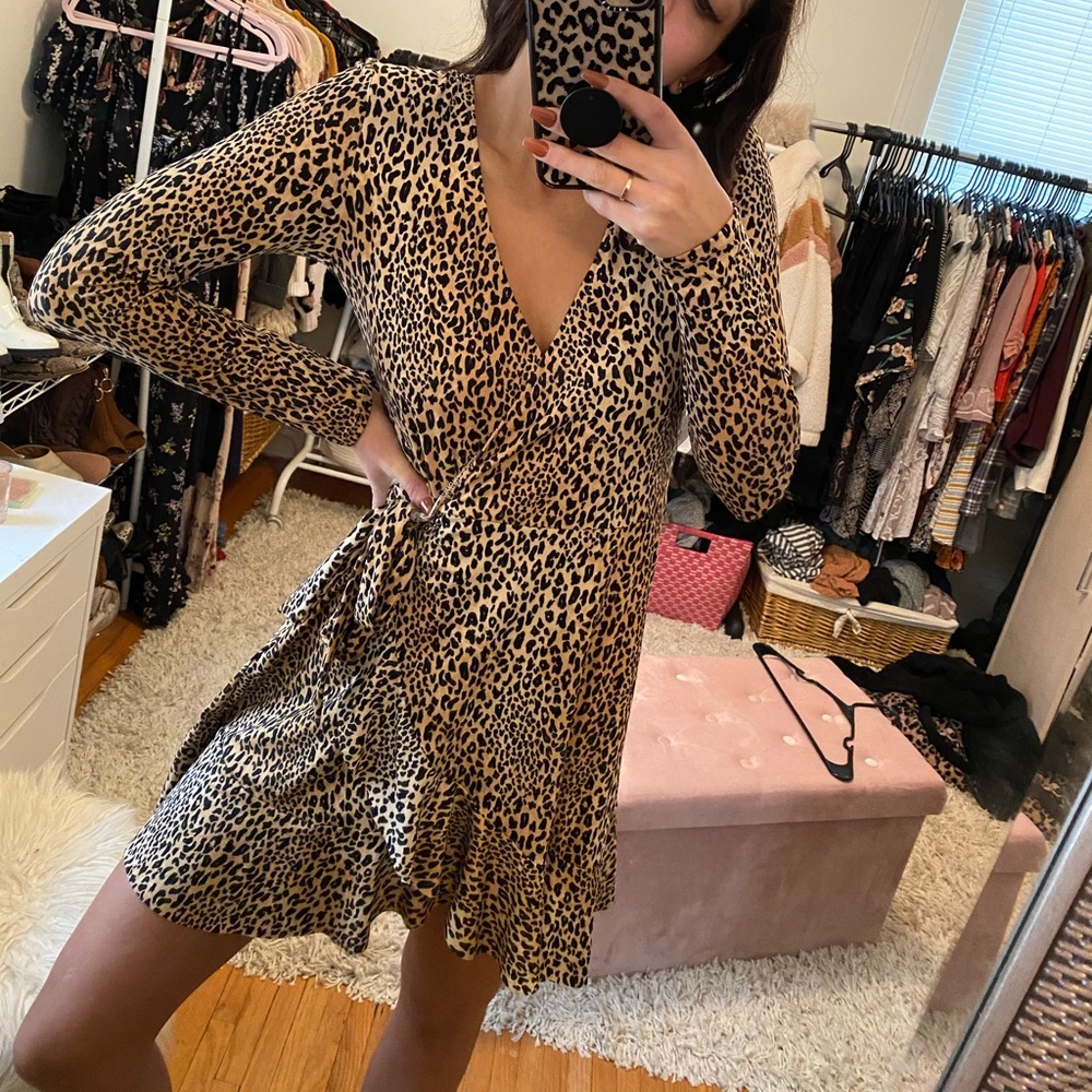 Leopard Print Wrap Long Sleeve Dress
